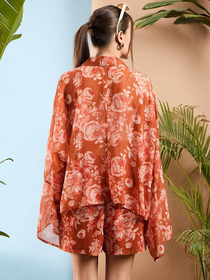 SASSAFRAS Women Rust Floral Printed Loose Fit High-Rise Pleated Shorts