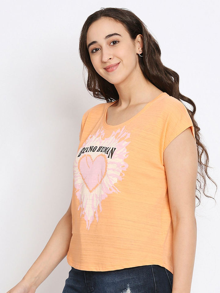 Being Human Women Orange Printed Extended Sleeves Cotton T-shirt