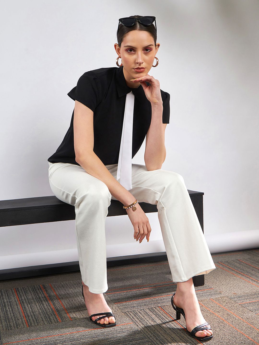 SASSAFRAS Black Shirt Collar Tie Detailed Georgette Top