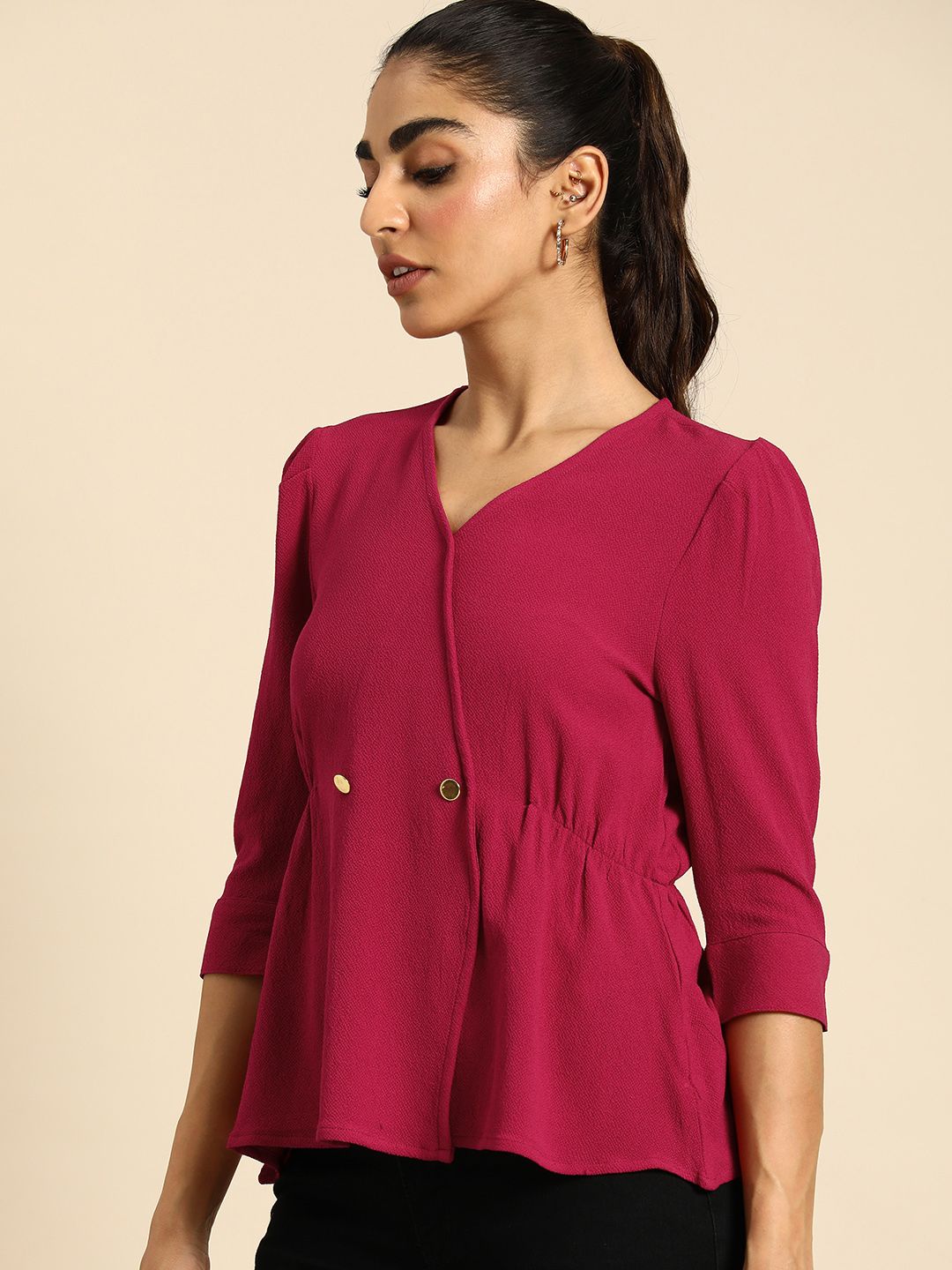 all about you V-Neck A-Line Solid Top With Gathers Detailing