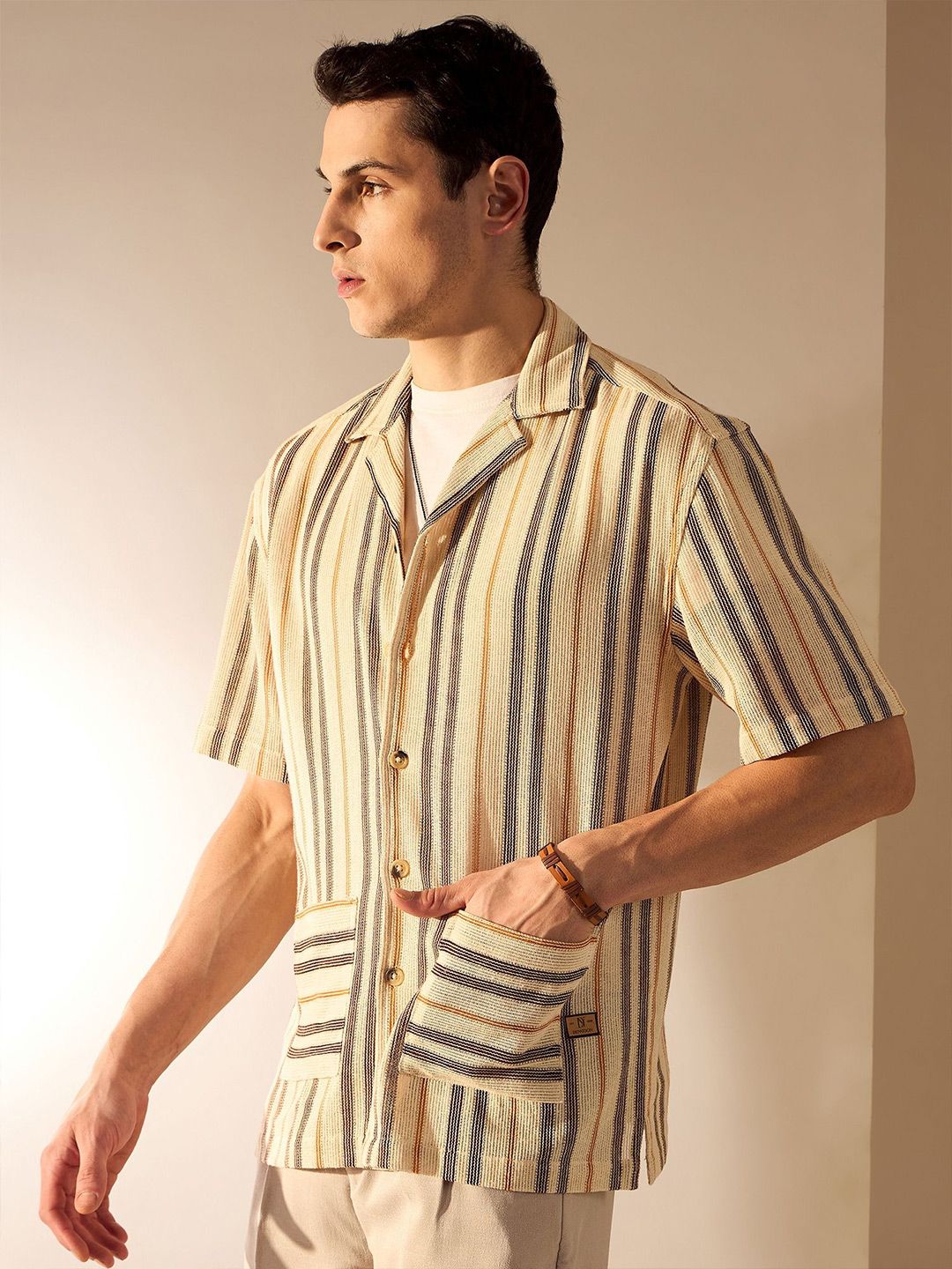 DENNISON Men Vertical Striped Oversized Crochet Shirt