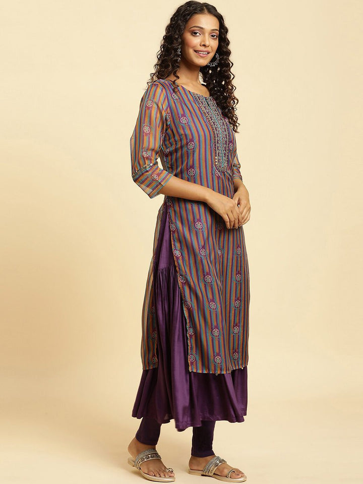 W Striped Sequined Kurta With Dupatta