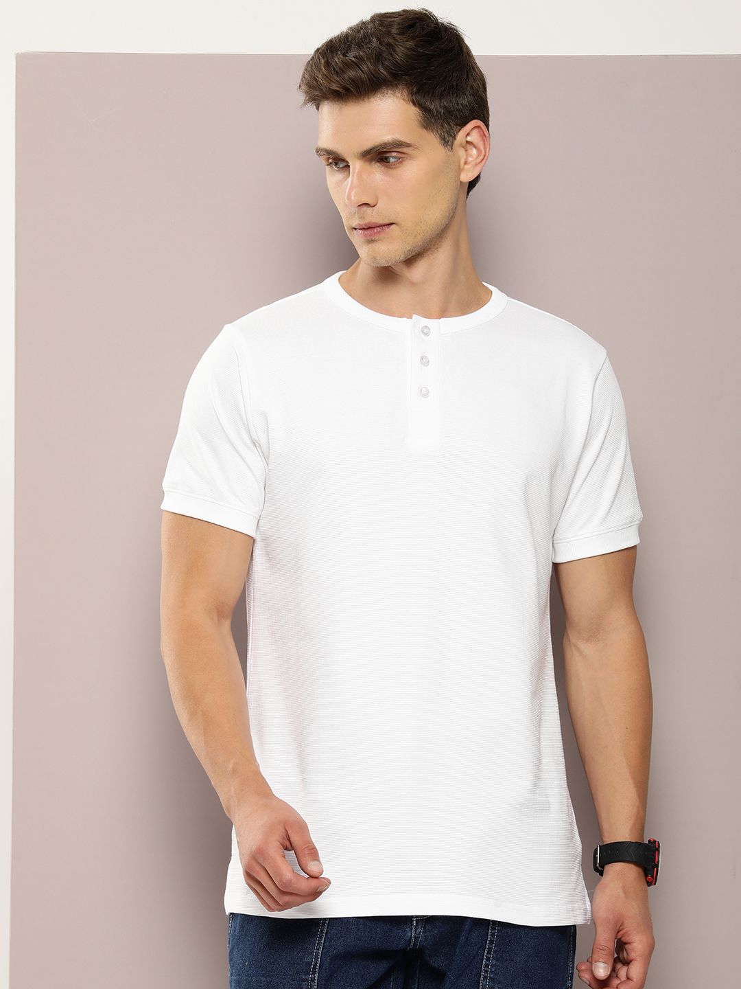 DILLINGER Men Henley Neck Honeycomb Structure T-shirt