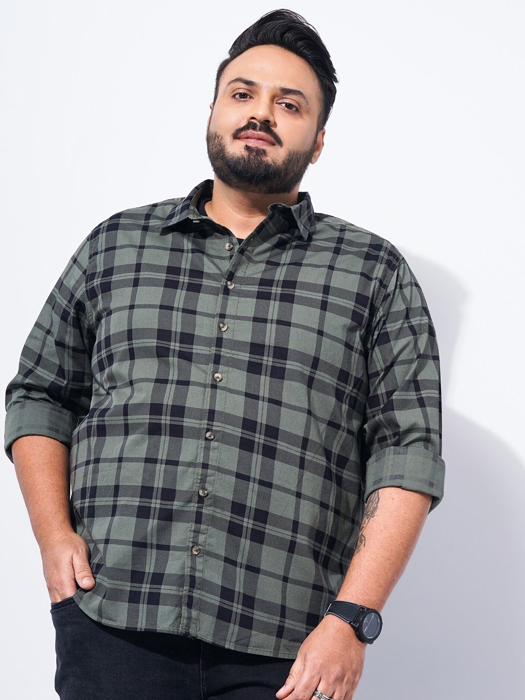 The Indian Garage Co Plus Size Windowpane Checked Cotton Casual Shirt