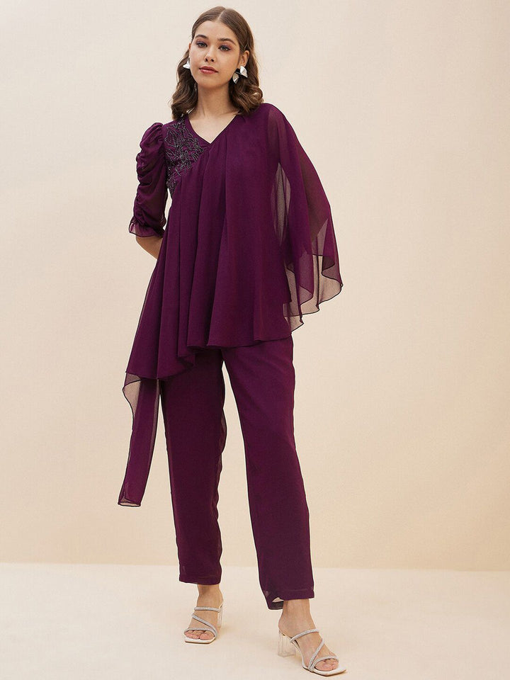 Antheaa Purple Embellished Top With Trousers