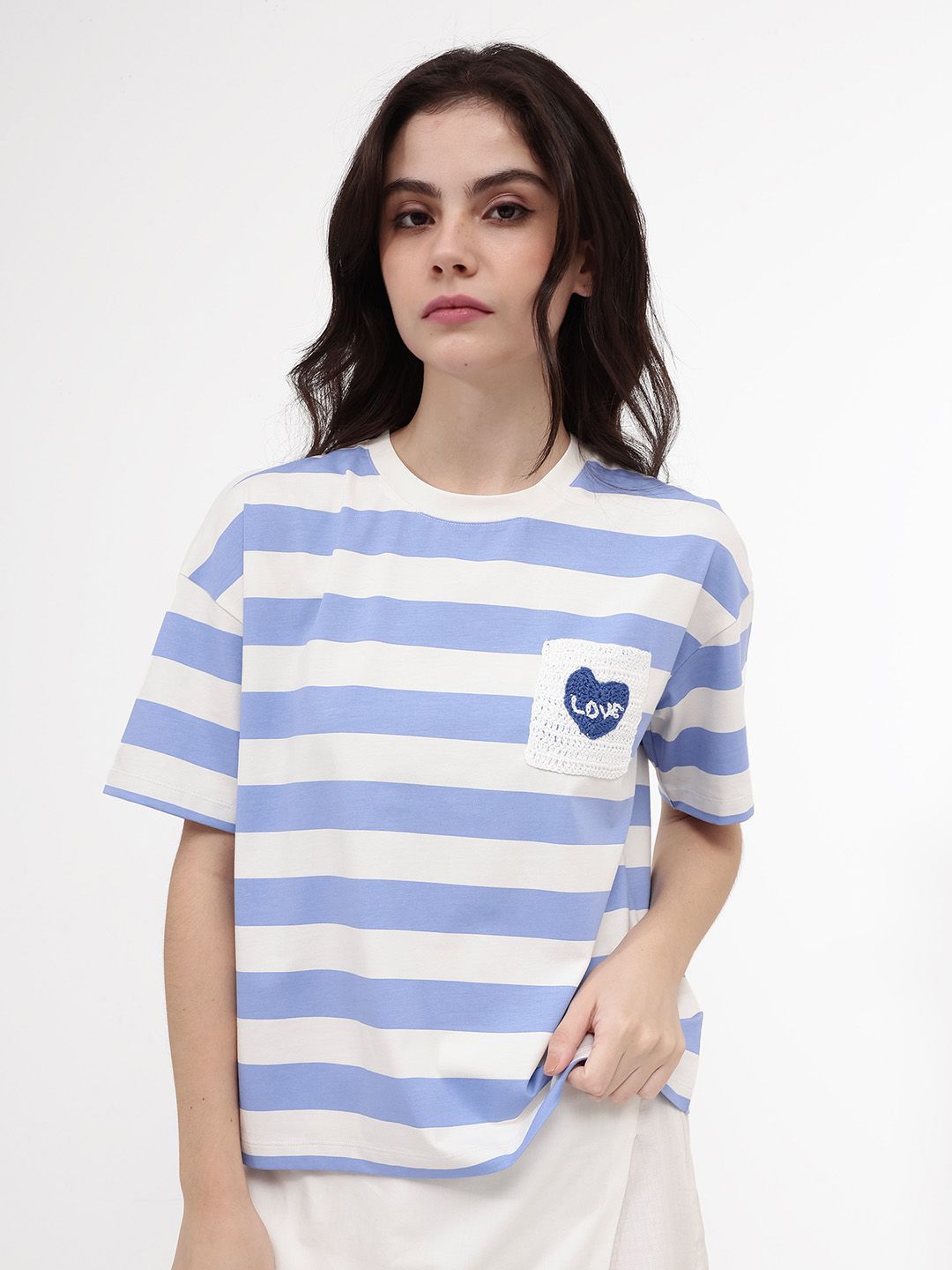 RAREISM Horizontal Striped Drop Shoulder Crochet Pockets Cotton Boxy T-shirt
