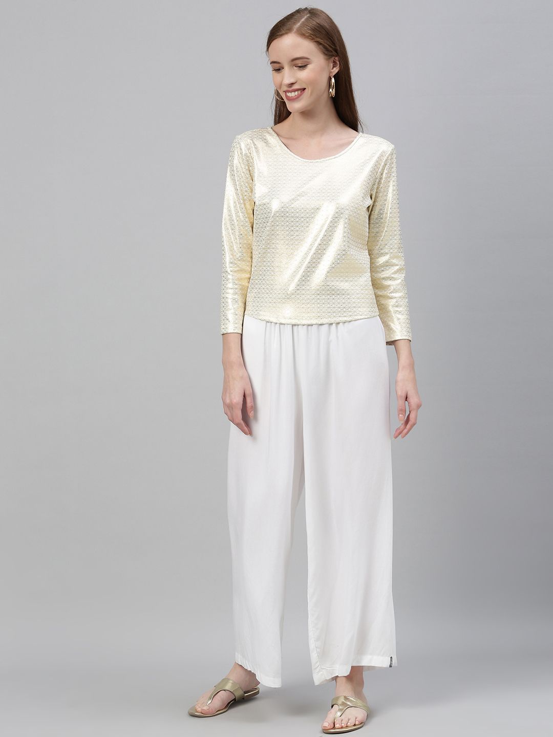 Global Desi Women Off-White & Golden Ethnic Printed Top