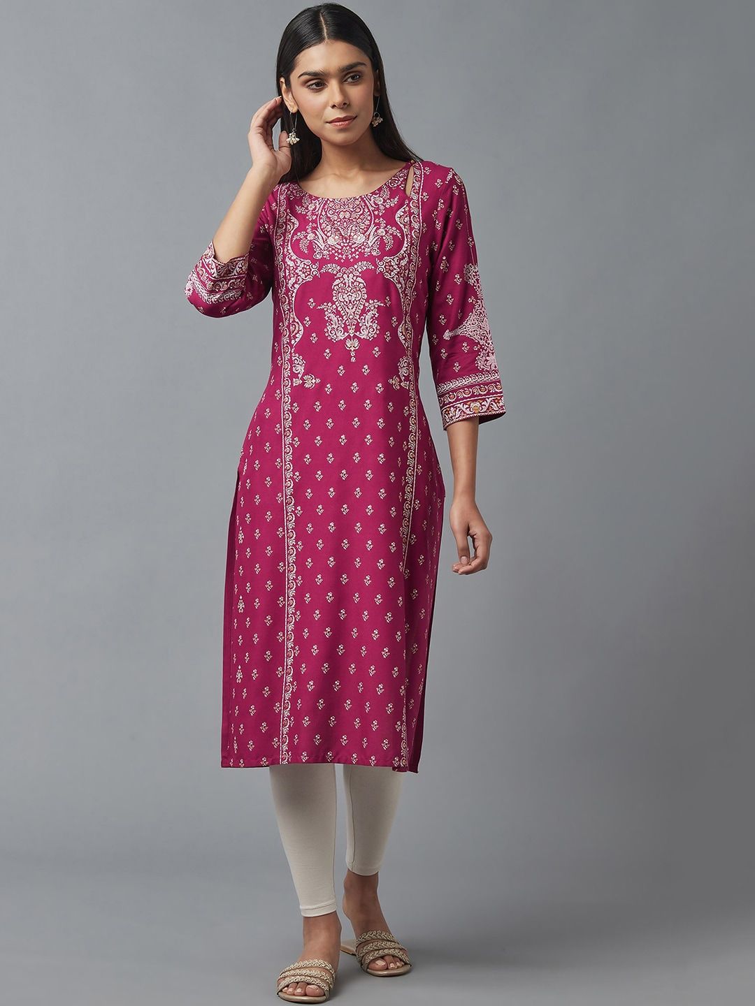 W Women Pink & White Ethnic Printed Kurta