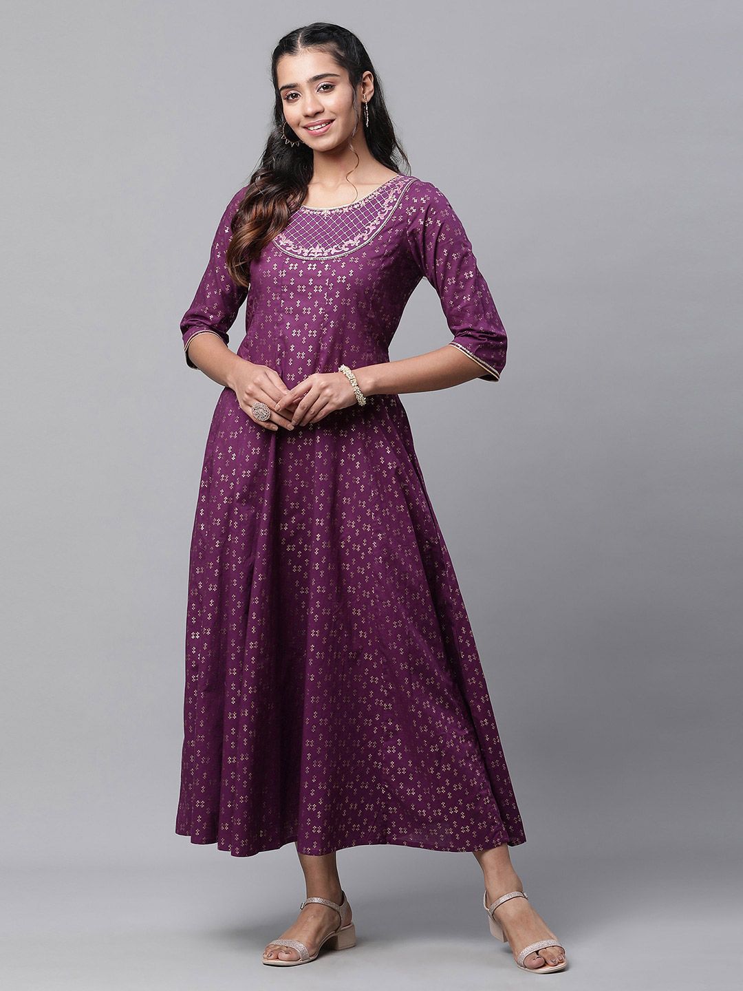 AURELIA Ethnic Motifs Printed Flared Pure Cotton A-Line Maxi Dress