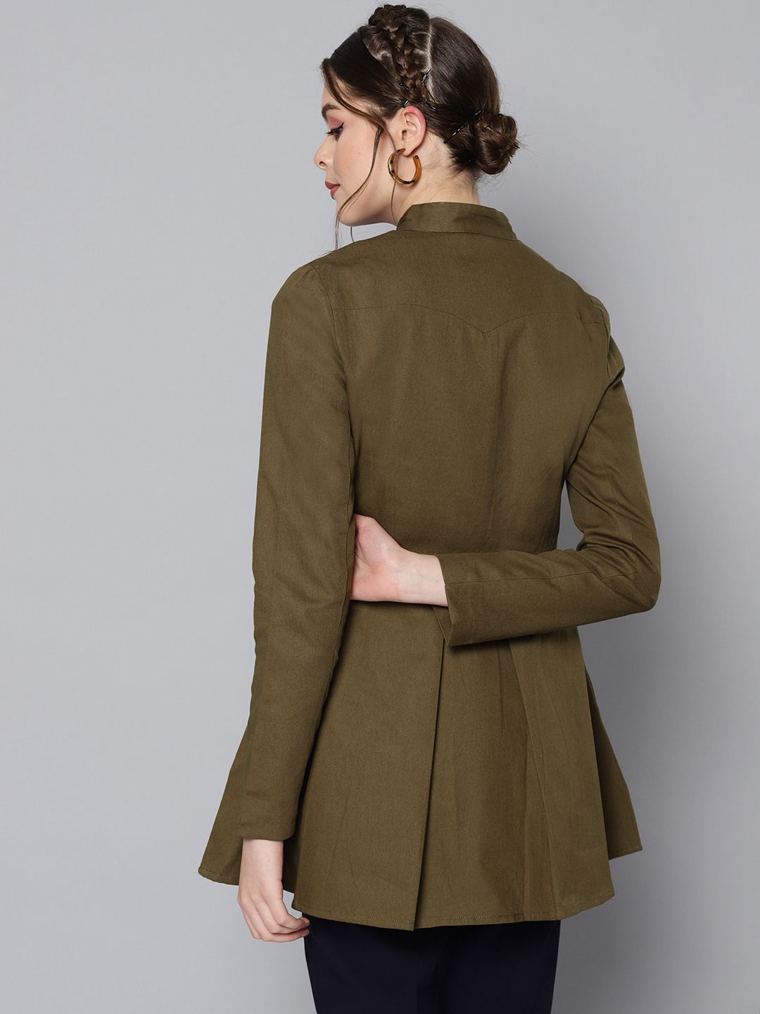 STREET 9 Women Olive Green Peplum Solid Tailored Jacket