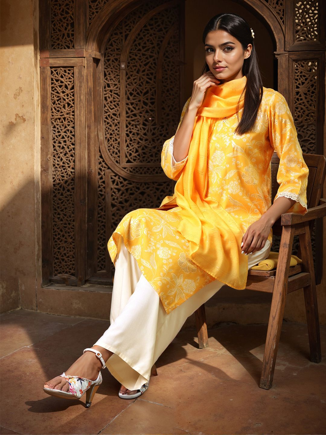 Libas Floral Printed Straight Sequinned Kurta with Palazzos & Dupatta