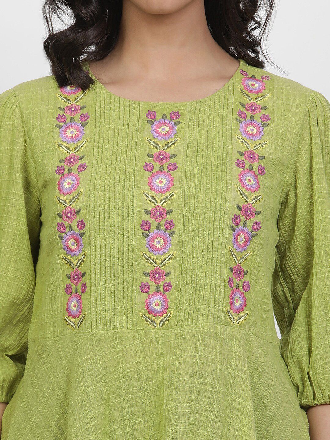 W Floral Embroidered Puffed Sleeves Pure Cotton Longline A-Line Top