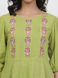 W Floral Embroidered Puffed Sleeves Pure Cotton Longline A-Line Top