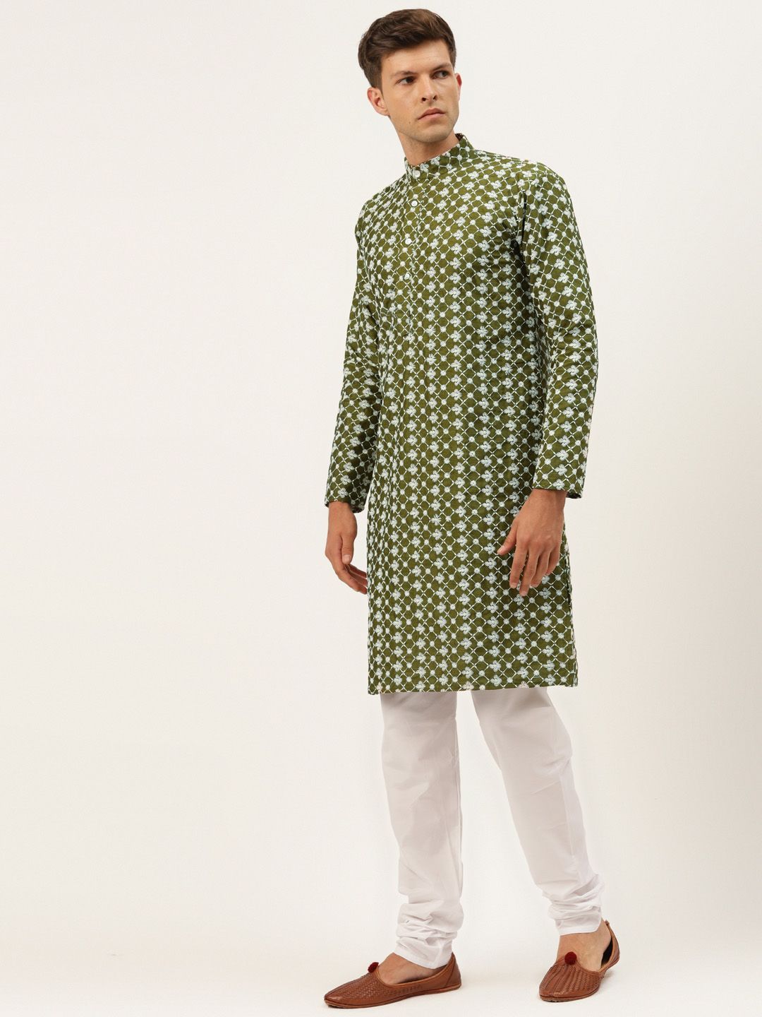 SOJANYA Men Olive Ethnic Motifs Embroidered Thread Work Kurta with Churidar