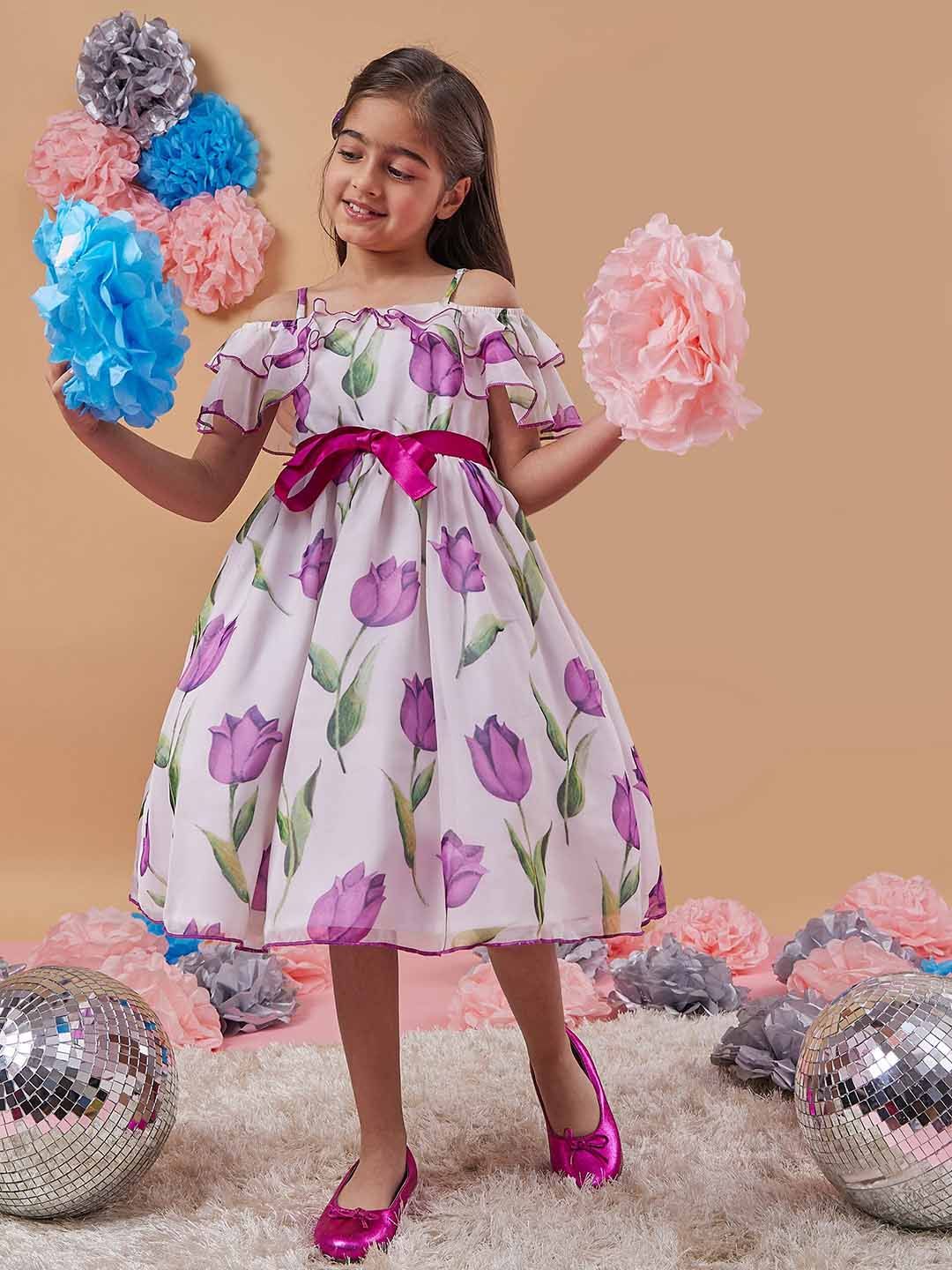 pspeaches Girls Floral Printed Cold-Shoulder Bow Fit & Flare Midi Dress
