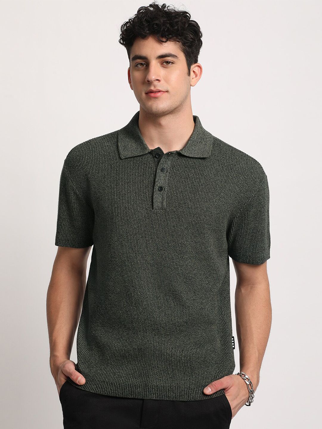 THE BEAR HOUSE Men Self Designed Regular Fit Cotton Polo Collar T-Shirt