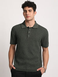 THE BEAR HOUSE Men Self Designed Regular Fit Cotton Polo Collar T-Shirt