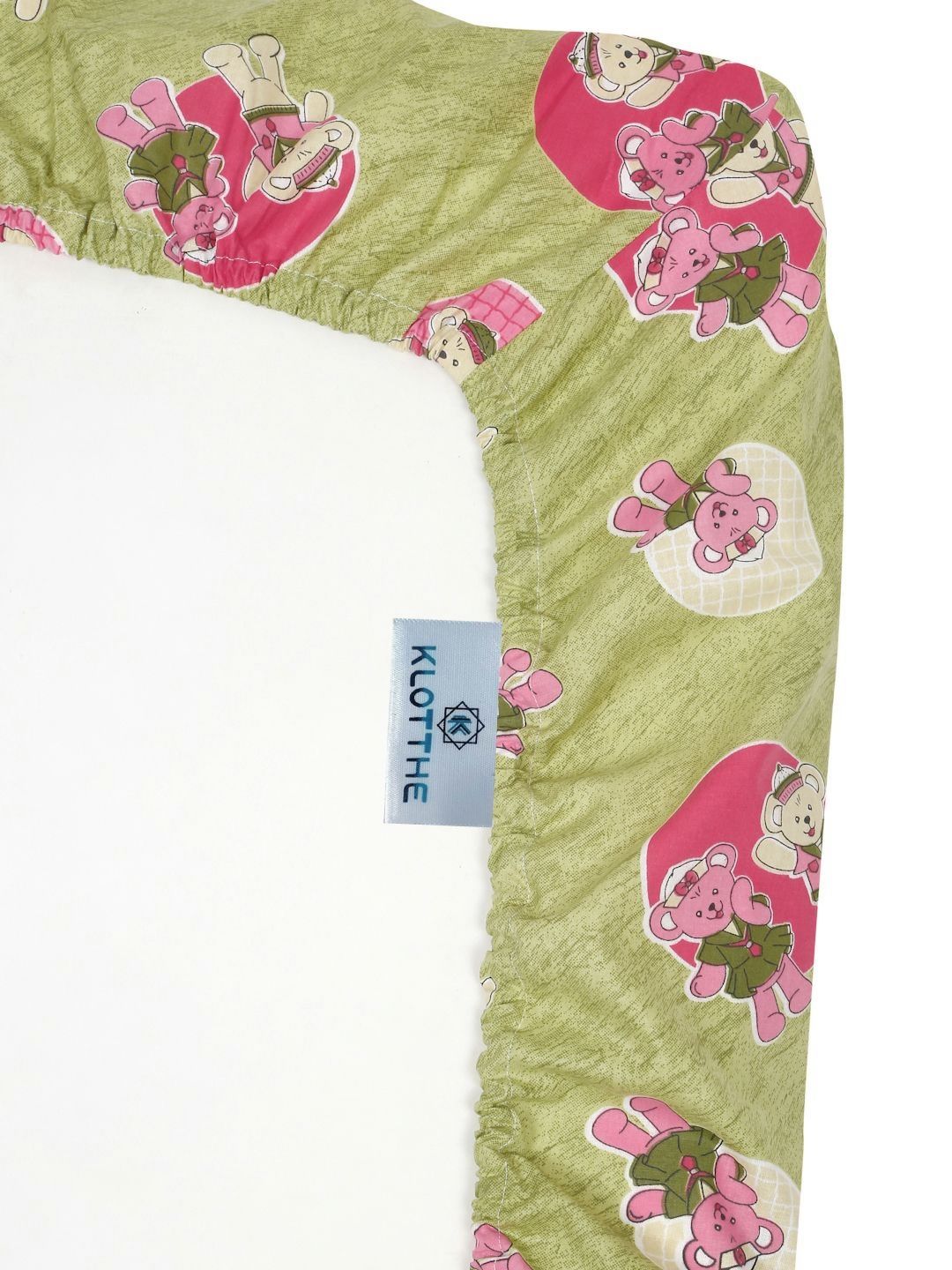 KLOTTHE Kids Green Printed 400TC Cotton Single Fitted Bedsheet Set 2.25m x 1.5m