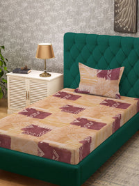 KLOTTHE Yellow & Brown Printed Pure Cotton 400 TC Fitted Single Bedsheet With Pillow Cover