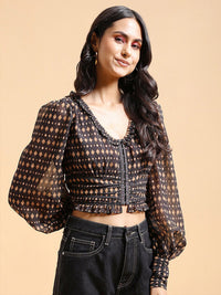 Tokyo Talkies Brown Geometric Printed Bishop Sleeves Ruffle Trim Ruched Crop Top