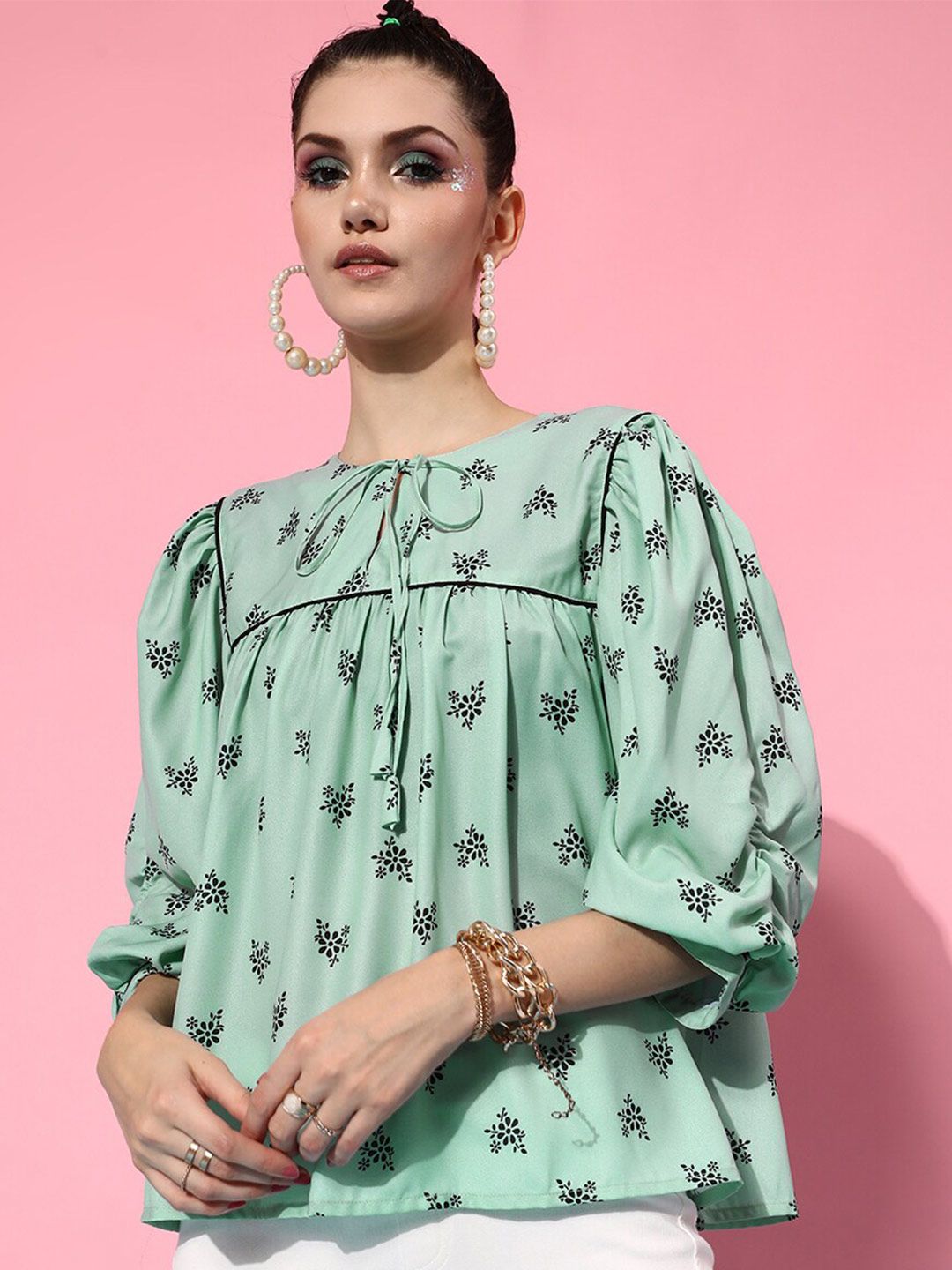 STREET 9 Green Floral Print Crepe Top