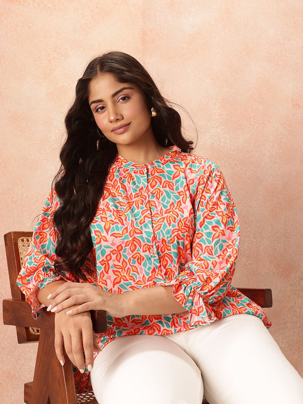 all about you Plus Size Floral Print Mandarin Collar Puff Sleeve Shirt Style Top