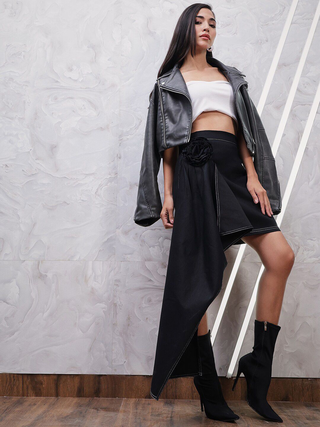 Athena Black Corsage Denim Skirt