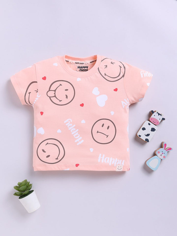 Happy Faces Kids Girls Smiley Printed Pure Cotton T-Shirt