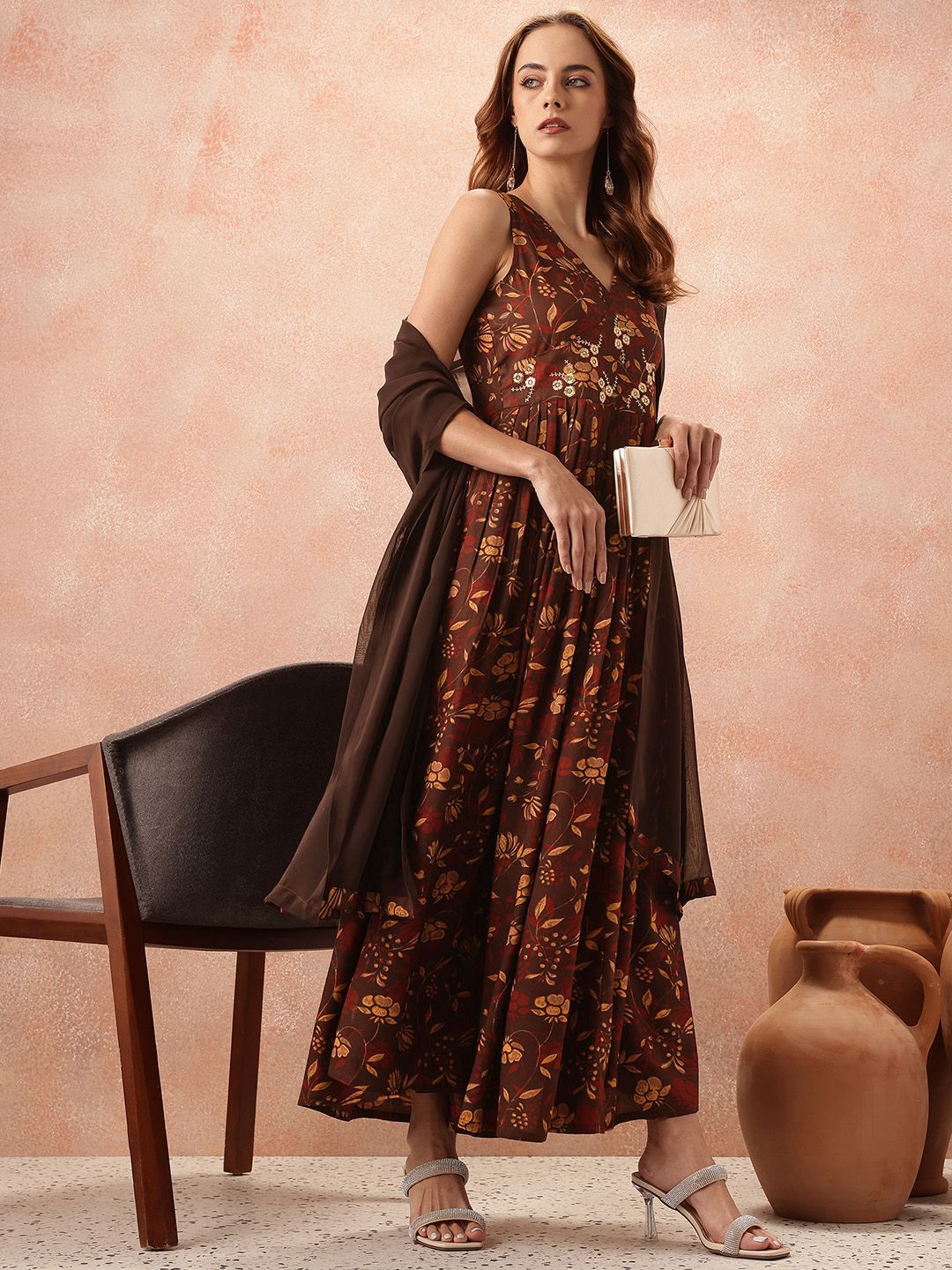all about you Floral Print Flared Ethnic Dress With Dupatta