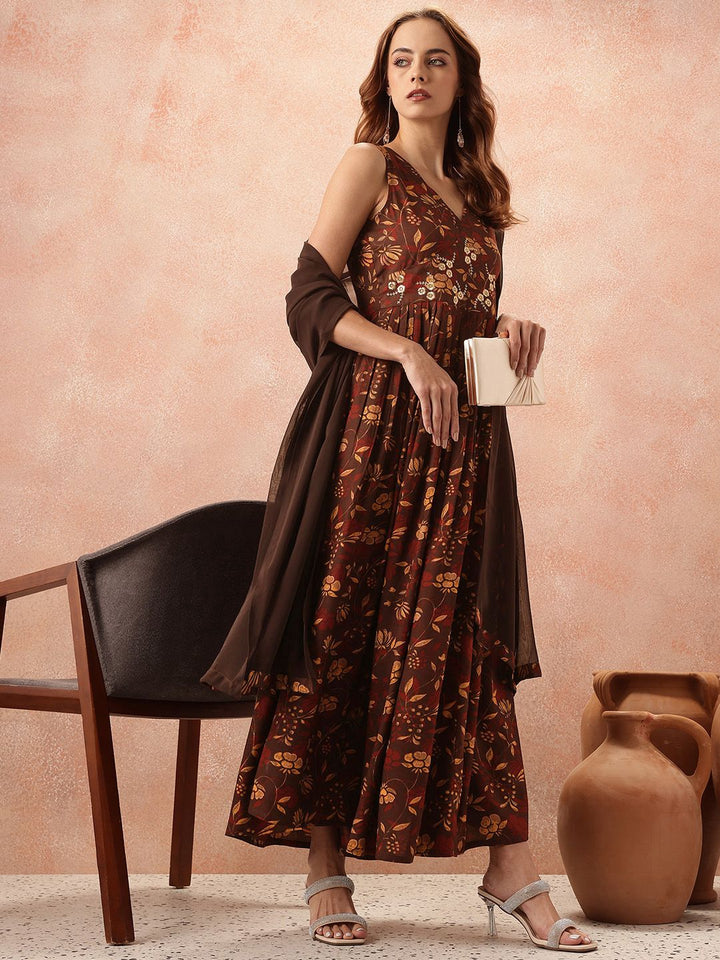 all about you Floral Print Flared Ethnic Dress With Dupatta