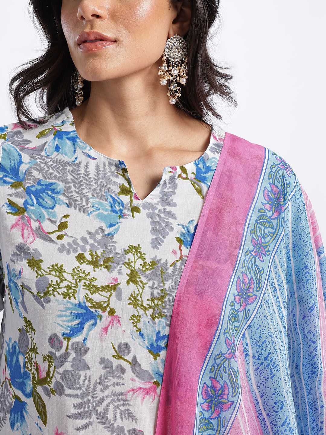 Anouk Floral Printed Pure Cotton Kurta dengan Seluar & Dupatta