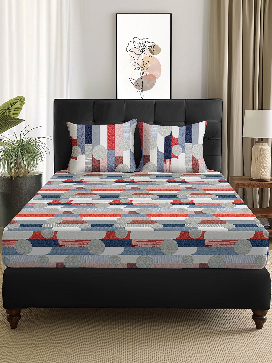 Story@home Arena Grey & Red Printed 180 TC Queen Bedsheet & 2 Pillow Covers