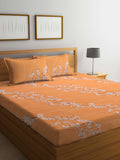 KLOTTHE Orange & White Floral-Printed 130GSM Pure-Cotton Fitted Double King Bedsheet Set