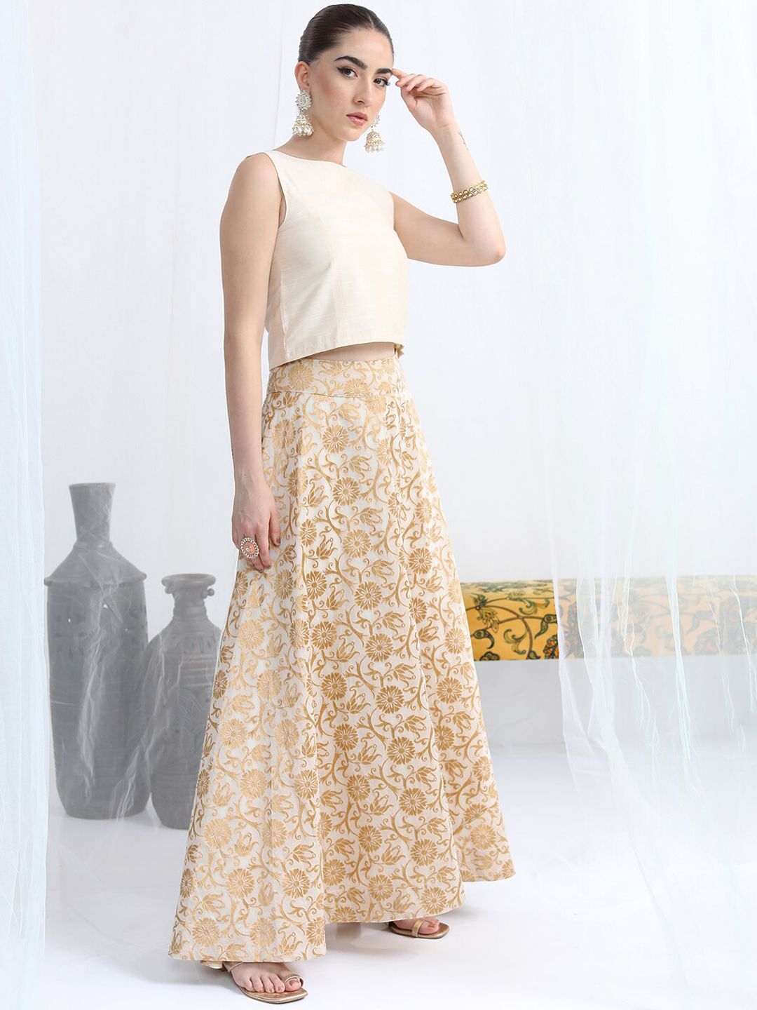 Vishudh Ethnic Motifs Woven Design Top & Skirt With A-Line Jacket