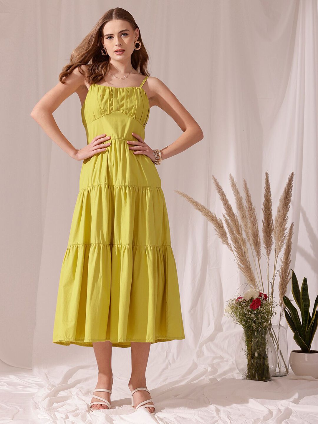 STREET 9 Shoulder Strap Pleated Pure Cotton A-Line Tiered Midi Dress
