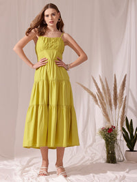 STREET 9 Shoulder Strap Pleated Pure Cotton A-Line Tiered Midi Dress