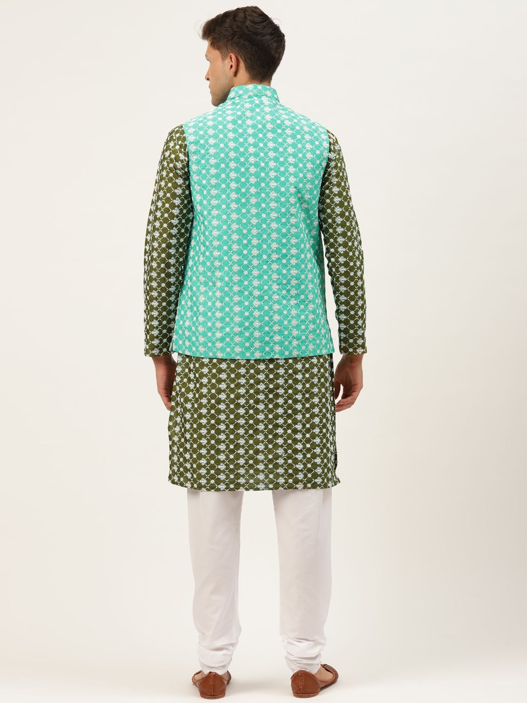 SOJANYA Lelaki Motif Etnik Zaitun Sulam Benang Kerja Kurta dengan Churidar