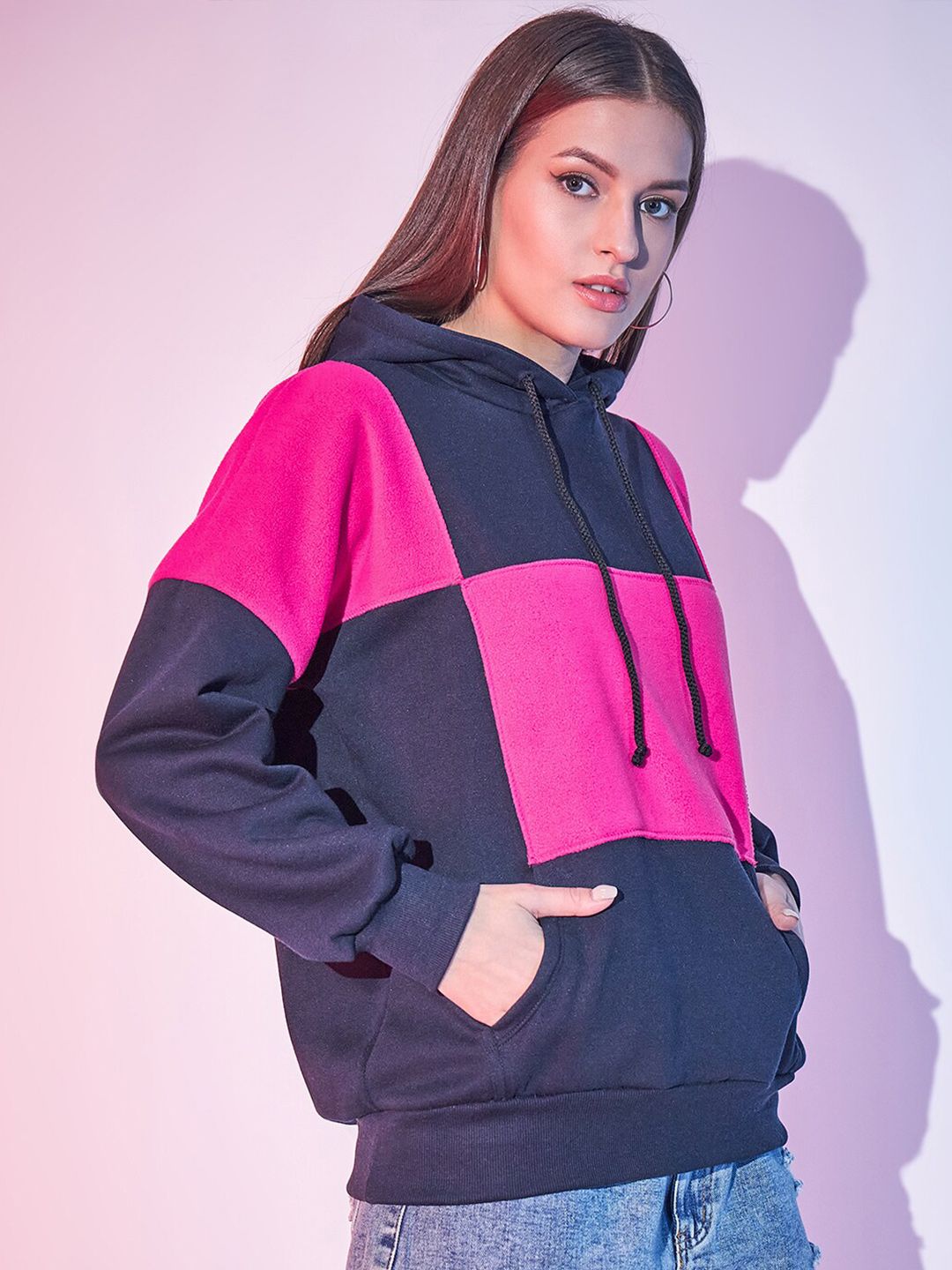 STREET 9 Navy Blue Colourblocked Hooded Fleece Sweatshirt