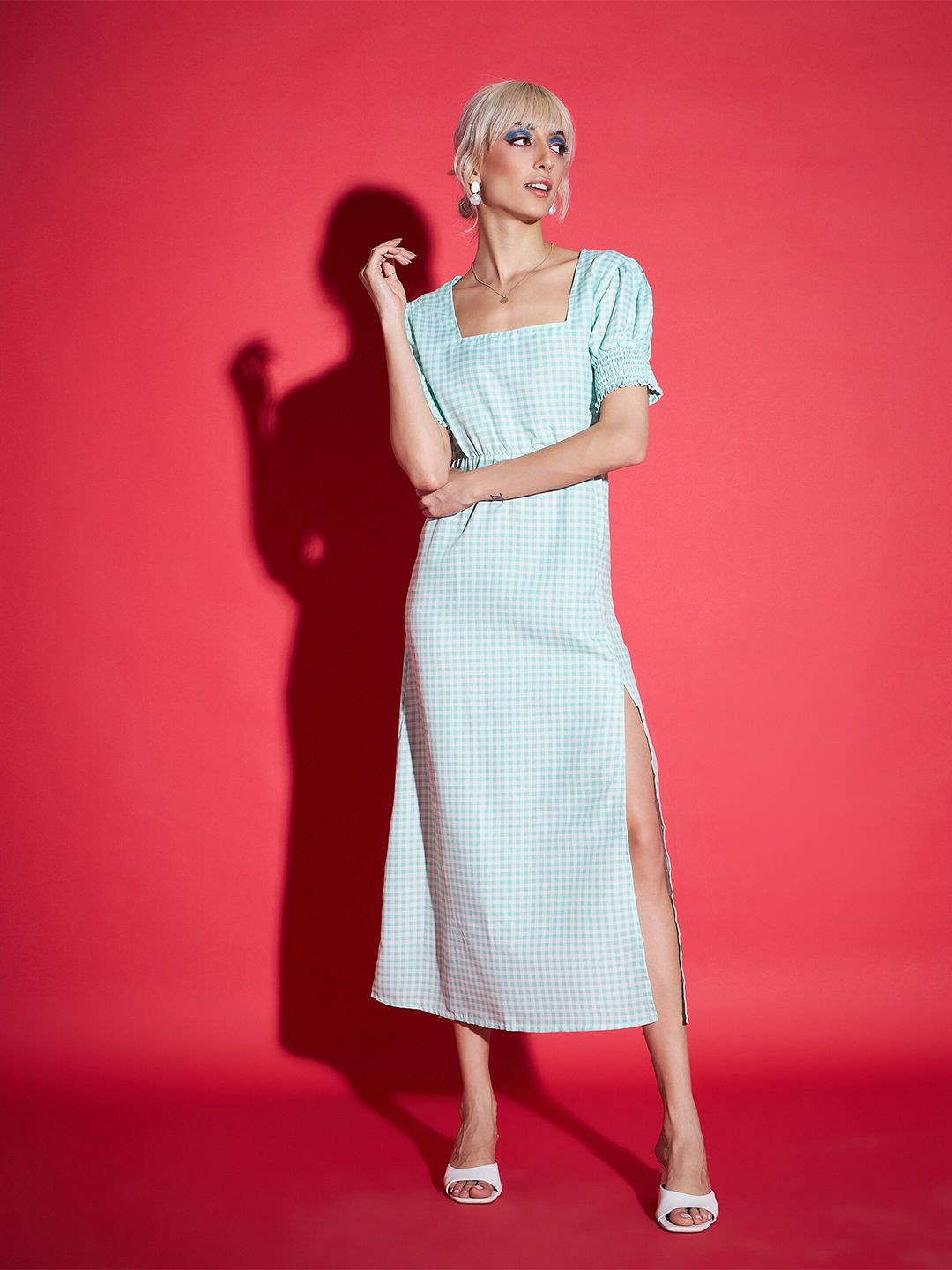 SASSAFRAS Green Square Neck Checked A-Line Midi Dress