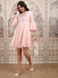 Vishudh Pink Tie-Up Neck Cotton Bell Sleeve Fit & Flare Dress