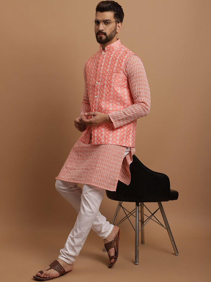 SOJANYA Ethnic Motifs Embroidered Regular Pure Cotton Kurta with Pyjamas & Nehru Jacket