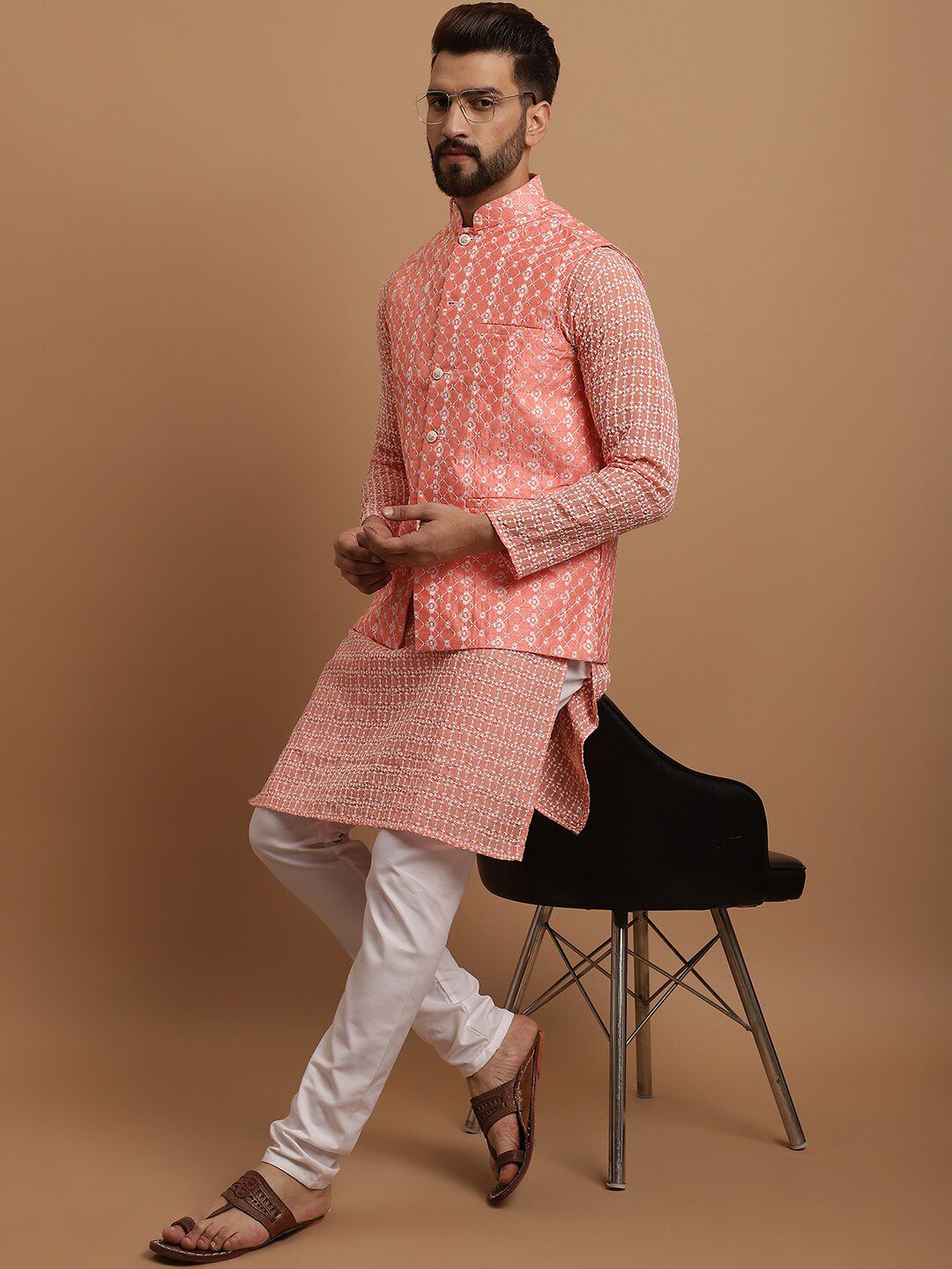 SOJANYA Ethnic Motifs Embroidered Regular Pure Cotton Kurta with Pyjamas & Nehru Jacket