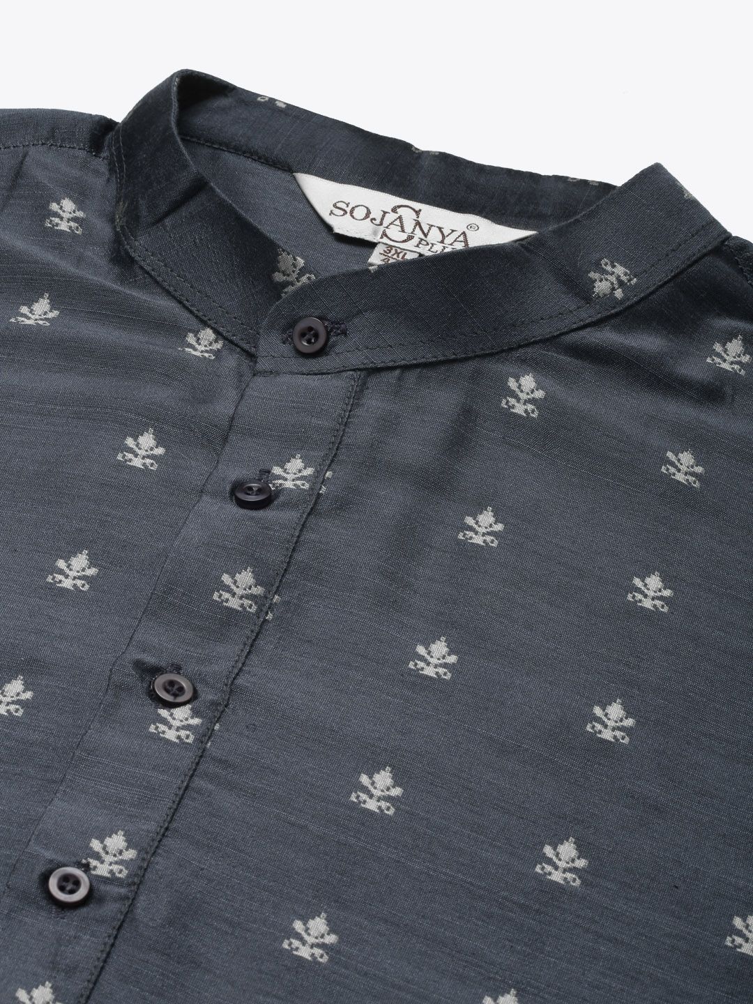 SOJANYA PLUS Lelaki Charcoal Grey & Silver Jacquard Silk Woven Design Kurta Lurus