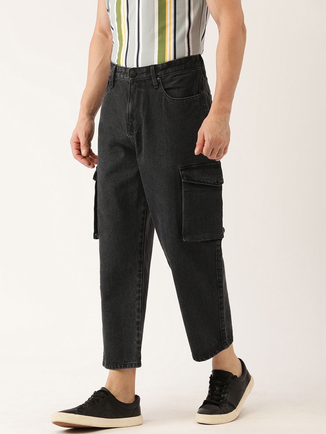 Bene Kleed Men Pure Cotton Loose Crop Cargo Jeans