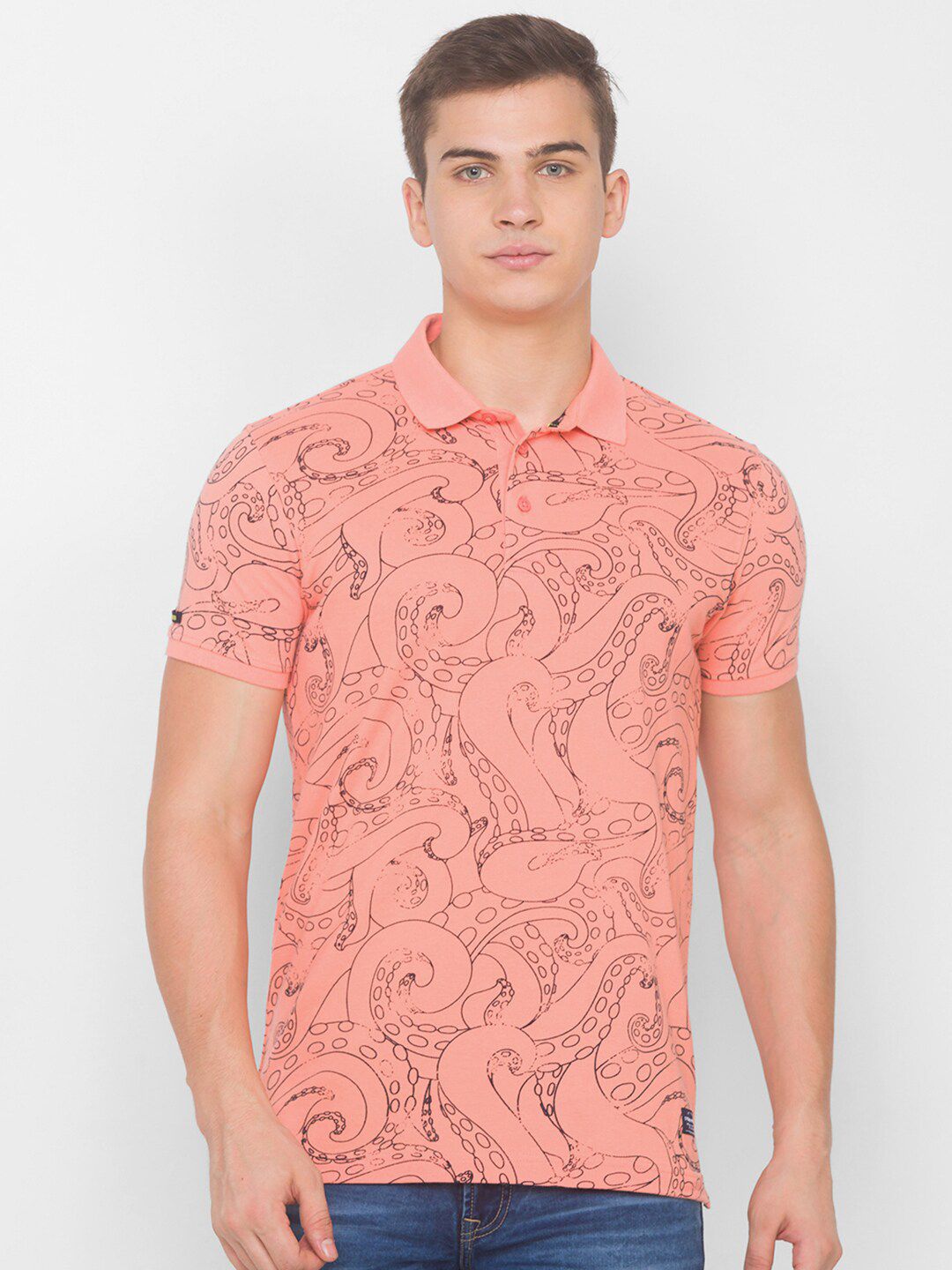 SPYKAR Men Pink Typography Printed Polo Collar Pure Cotton Slim Fit T-shirt