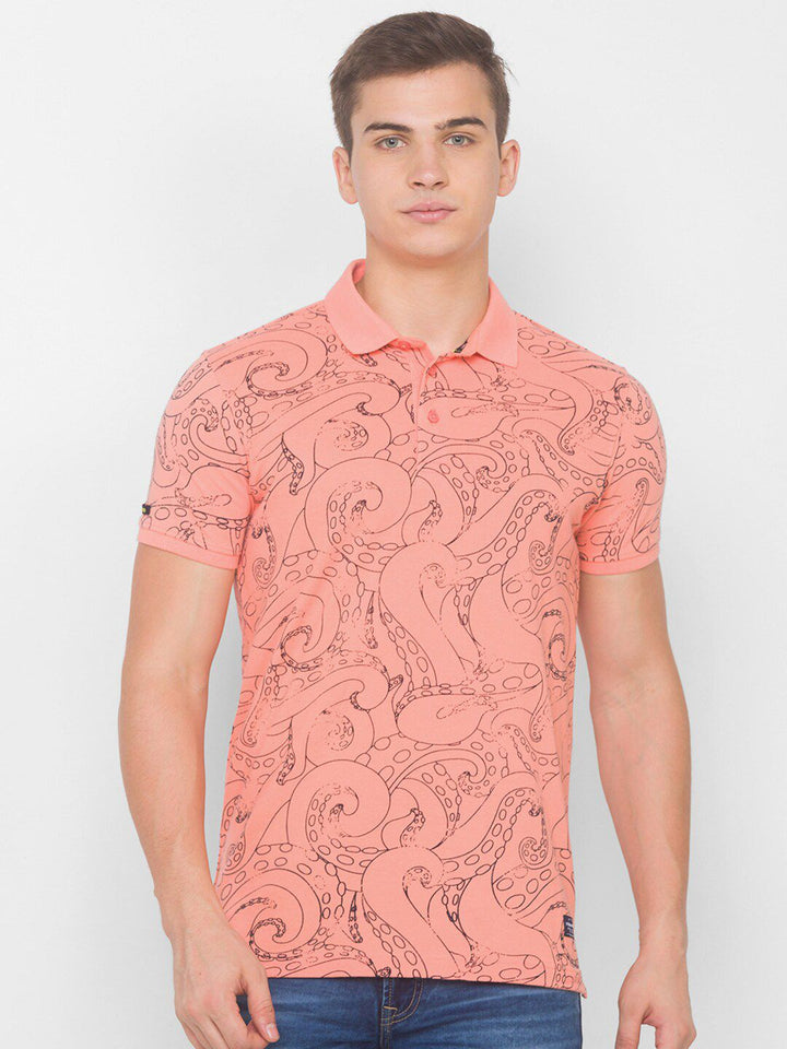 SPYKAR Men Pink Typography Printed Polo Collar Pure Cotton Slim Fit T-shirt