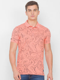 SPYKAR Men Pink Typography Printed Polo Collar Pure Cotton Slim Fit T-shirt