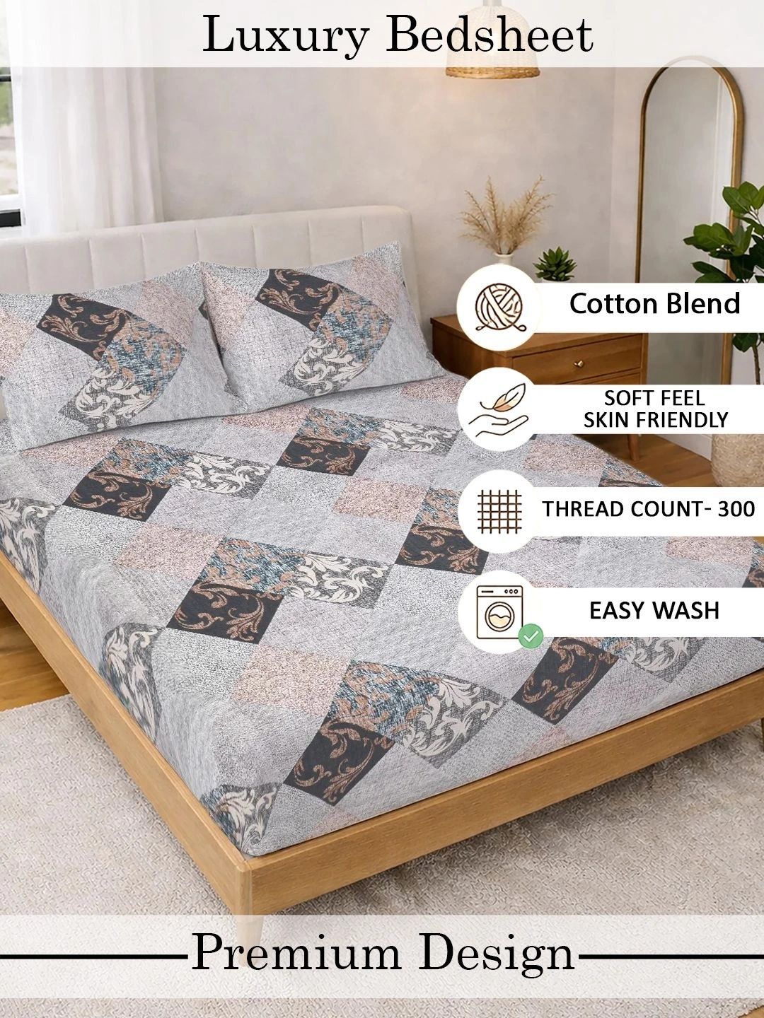 Myntra Elegant Homes Multicoloured Geometric 144 TC King Bedsheet with 2 Pillow Covers
