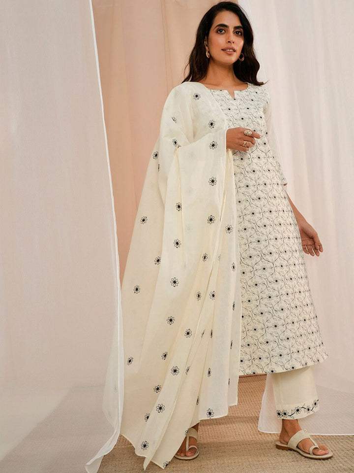 Libas Floral Embroidered Regular Thread Work Pure Cotton Kurta With Trousers & Dupatta