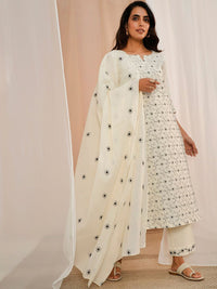 Libas Floral Embroidered Regular Thread Work Pure Cotton Kurta With Trousers & Dupatta